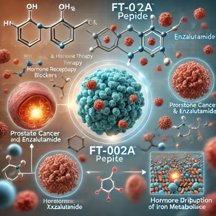 Here is the image illustrating the prostate cancer treatment process, featuring how the FT-002a peptide works alongside hormone therapy to enhance treatment effectiveness by targeting iron metabolism pathways.