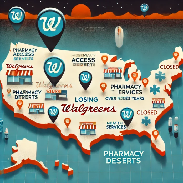 A map showing Walgreens store closures across the U.S., with affected regions highlighted. Indicators represent the impact on local communities, especially in rural and underserved areas, with icons for pharmacy services and healthcare access.